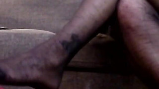 Black Nylon Pantyhose Dangling Hot Pink Heels