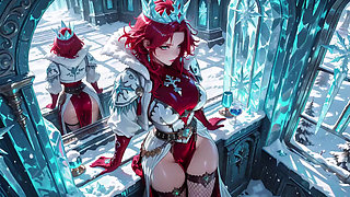 Red-haired Sorceress makes a stunning entrance in the Crystal Hall, robe slightly open and staff tapping seductively.