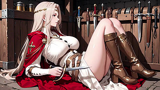 Languid Reading in a Gothic Library, White Robe and Red Cape, Hand Resting Gracefully with Half-closed Eyes.