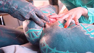Heavy tattooed couple fuck a girl in her ASS