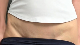 Cute Asian in Morning Outfit Braless White Shirt Leggings Strip