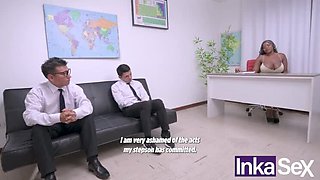 Angela Ebony Teacher with Huge Natural Tits Fucks Student and Stepdad in Hot Latina Scene