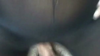 Black catsuit nylon footjob