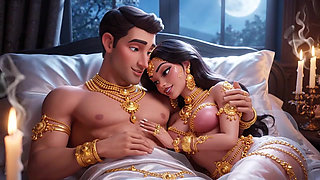 Erotic Fantasy Romance - Golden Jewelry Couple Deep Kissing & Bed Play