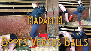 Boots Versus Balls, Extremely Hard Hunters Wellingtons Ballbusting in the Stables