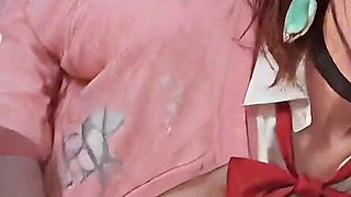 Nighttime Seduction - Red Bow Unfastened, Blue Skirt Lifted, Secret Nipples Exposed Under Soft Light