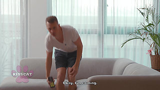 Hot MILF Teaches Shy Petite Babe to Suck and Ride Her Lucky Young Stud