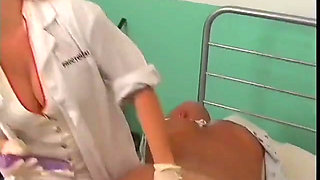 Hot blonde nurse sticks a thermometer in guy's ass in operation room