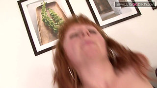 Hairy Katja spreads legs as a huge cock thrusts her cunt hard