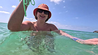 Naughty Blonde Pees in the Ocean Outdoor and Swimming Underwater