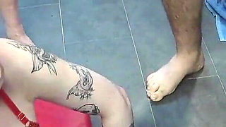 Tattooed Babe in Sexy Red Lingerie Want's a Cum Shower