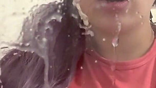 Silly Face Fetish and Squirting Milk Onto a Glass Table