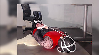 Hogtied in Boots, Fishnet, Red Pvc Suit and Masked. Struggling to Get Free.