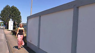 Arrogant German blonde persuaded to have sex on the street