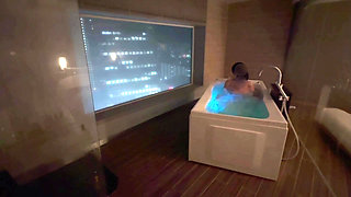 Amateur couple are lovey-dovey in hotel bath with night view. And intense sex with standing back. Japanese amateur hentai