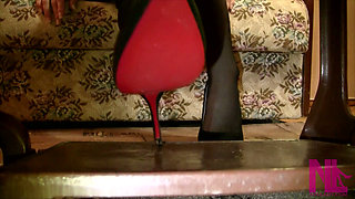 Vintage_sewing on My Granny's Old Sewing Machine in Black Pantyhose and Suede Louboutins