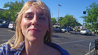 Petite Blonde Deepthroats Cock in Public Parking Lot