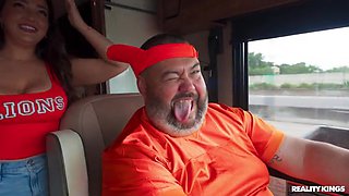 Crazy College GFs: Horny Cheerleaders Traveling Fan Fuck Fest with Brunette Emerald Loves - Threesome Orgy