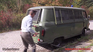 A Blonde Imprisoned Girl Has to Run Beside the Police Bus Leashed and Driven by Lashes