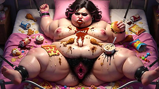 Obese BBW in Bondage Surrounded by Food - Begging for Huge Dick Inside Her
