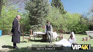 The bride gives outdoor oral in pearl beads