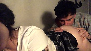 Brunette sorority teens wash brunette ass