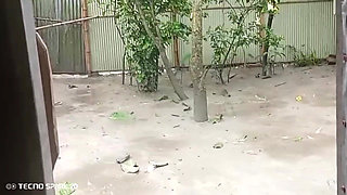 Girl Sweeping the Yard Naked in the Rain - Outdoor Scene