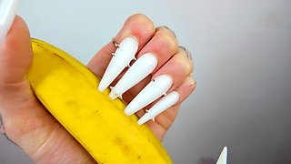 Long White Nails Scratching And Destroying Banana Like Dick