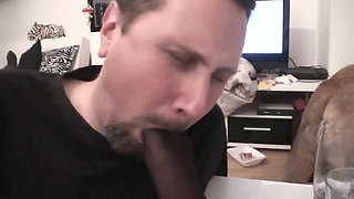 Feet in pantyhose stuffed in slave's mouth