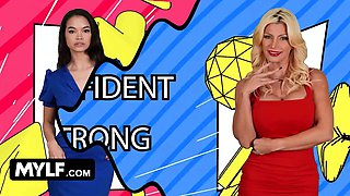 Busty Brittany Andrews and innocent angelina moon go head to head for one successful shaft