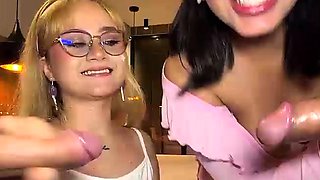 Two horny Latinas suck big cocks and take hard pounding live