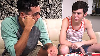 Adorable twink strips naked and provides blowjob service