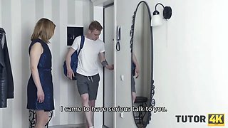 Tutor4k. fellow makes figure of teacher in stockings shake