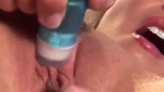 Pretty blonde masturbates with vibrator and dildo to make pussy wet
