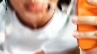 Brunette rooftop blowjob, city pussy ride, bedroom footjob