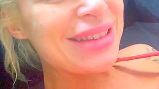 Non stop blonde with big boobs cock jerks off on the bed