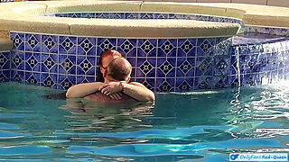 Hot Long Haired Ginger MILF Taking a Dip and Fucking in Outdoor Pool