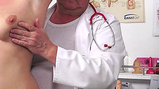 Breast and pussy check-up of hot big busty MILF by freaky doctor