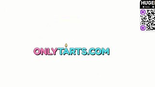 Sexy blonde in rosy lingerie loves solo onanism on blue