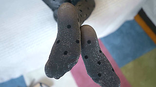 Mature Blonde MILF Teases with Glittery Stockinged Feet