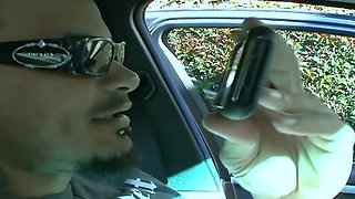 Purple Dildo Threesome in the Garage - Tattooed Brunette and Two Girlfriends by the Red Sports Car
