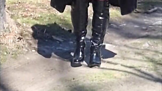 Julie Walking Through a Car Park Wearing Fur Coat, See Her Bound Tits Sticking Out