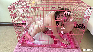 Horny Caged Cow Begs for Your Milk