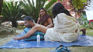 Desi Tharki Sasurji Gets Oil Massage From His Two Daughter in Law Outdoor and Fuck Them ( Hindi Audio )