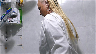 Pissing in Toilet & Masturbating in Shower Wearing Stockings & a Wet Blouse