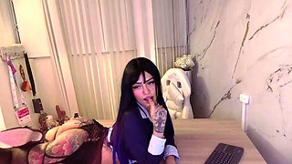 Japanese teen spreads legs for toys and cock