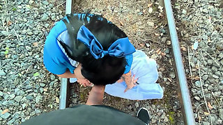 Goth Doll in the Middle of Nature Sucking Cock BJ Outdoors