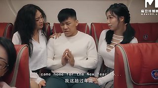 Busty asians have a threesome on the bus