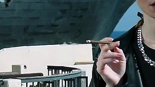 Young Russian Woman Smoking Cigarette Outdoor Terrace