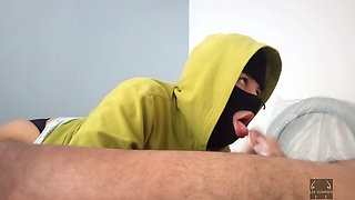 Big-assed slut sucks cock and swallows the semen of a black man with a big dick